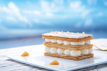 Decadent Mille-Feuille, Arrangement Showcasing Delicate Layers of Puff Pastry and Cream, created with Generative AI technology