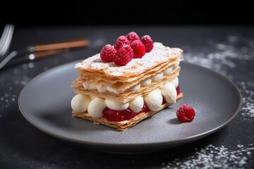 Decadent Mille-Feuille, Arrangement Showcasing Delicate Layers of Puff Pastry and Cream, created with Generative AI technology