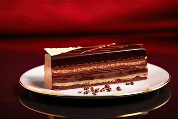 Sophisticated Opera Cake, Showcasing Beige and Chocolate Layers, created with Generative AI technology