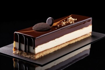 Sophisticated Opera Cake, Showcasing Beige and Chocolate Layers, created with Generative AI technology