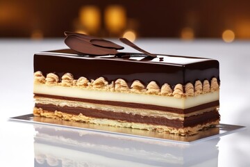 Sophisticated Opera Cake, Showcasing Beige and Chocolate Layers, created with Generative AI technology