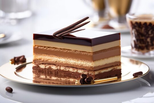 Sophisticated Opera Cake, Showcasing Beige and Chocolate Layers, created with Generative AI technology