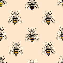 Honey bee graphic seamless pattern for fabric, stationery or wallpaper. Hand drawn insect fabric design.