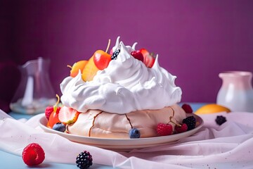 Elegant Pavlova, Featuring Beige Tones and Pink Dessert Accents, created with Generative AI technology