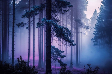 A foggy wood pine forest with dark trees shillouettes and purple blue colors. Dramatic fog in the forest. Ai generated