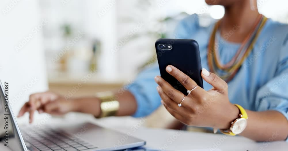 Wall mural Phone, laptop and hands typing in office for research, planning or social media. Technology, cellphone and black woman with smartphone for business networking, internet browsing and web scrolling.