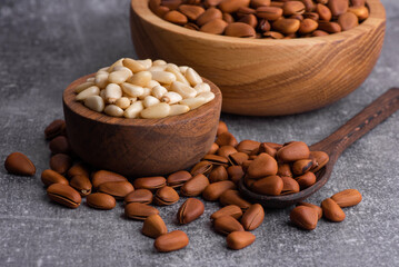 Pine nuts shelled and peeled. Сedar nuts. Toasted Organic Healthy Food.