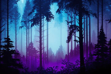 Obraz premium A foggy wood pine forest with dark trees shillouettes and purple blue colors. Dramatic fog in the forest. Ai generated
