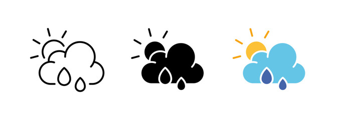 A depiction of rain clouds, symbolizing the arrival of precipitation. The image evokes feelings of freshness and renewal. Vector set of icons in line, black and colorful styles isolated.