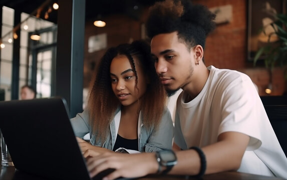 Young couple focused on laptop screen, engaged in collaborative work or study in a casual setting.