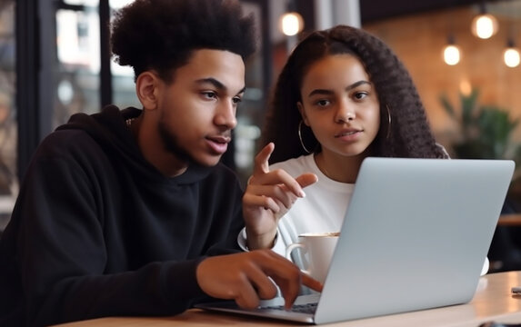 Young man and woman discussing content on a laptop, indicative of teamwork or shared decision-making in a relaxed atmosphere.