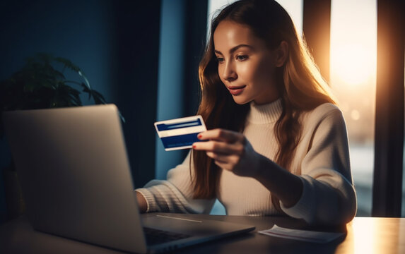 Woman holding credit card while shopping online on her laptop at home, illustrating modern consumerism.