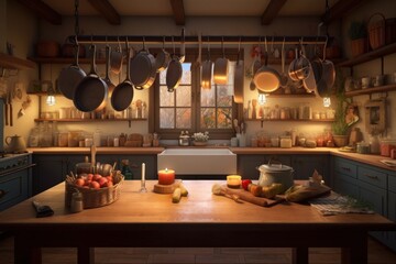 Fototapeta na wymiar Rustikale Landhausküche mit Holz und Fenster - Gemütliche Küche in einem Haus KI generiert 