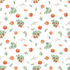 Watercolor seamless pattern. Hand painted illustrations of oranges, grapefruits, tangerines with green leaves, branches and flowers. Tropical fruits. Sliced citrus. Print on white background