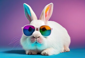 Funny bunny with sunglasses on colorful background. Generative Ai. Easter concept