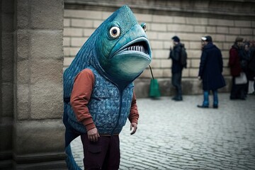 Man disguised with a fish costume for the april fool's day joke illustration generative ai - obrazy, fototapety, plakaty