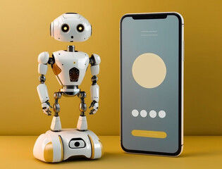 Fototapeta premium Futuristic robot beside screen of smartphone. Concept of chatbot with artificial intelligence.