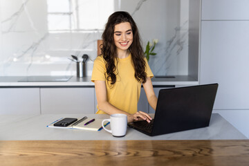 Happy young woman in the kitchen reading he news on her laptop