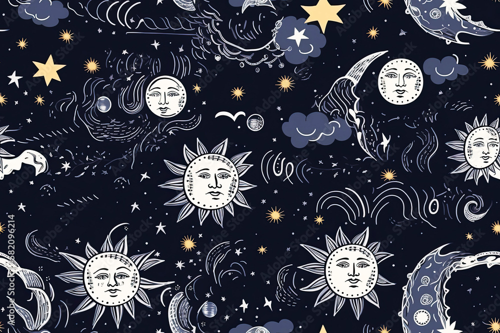 Wall mural seamless pattern with a pattern of the cosmic sky at night with the moon and crescent moon and stars