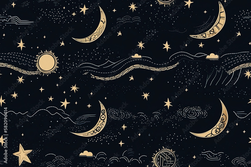 Wall mural seamless pattern with a pattern of the night sky with the moon and crescent moon and stars. generati