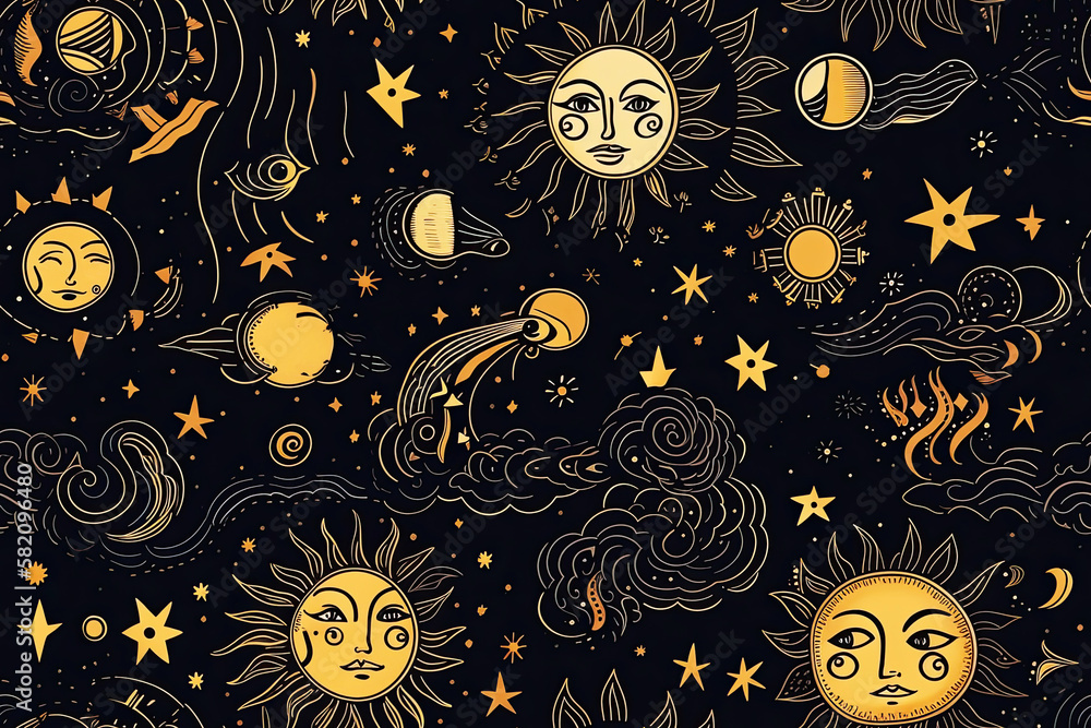 Wall mural seamless pattern with a pattern of the cosmic sky at night with the moon and crescent moon and stars