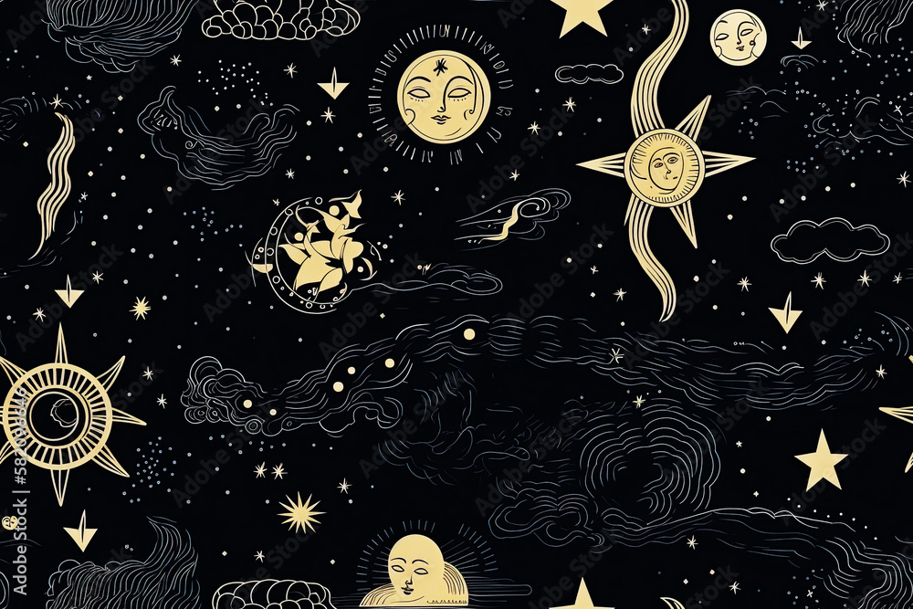 Wall mural seamless pattern with a pattern of the night sky with the moon and crescent moon and stars. generati