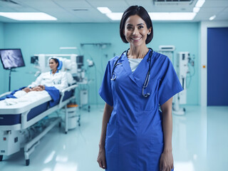 wide-angle view of a cheerful female doctor in a spotless surgical suite. Generative AI