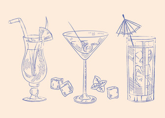 Three alcoholic cocktails in a glass with pieces of fruit and ice. vector line drawing by hand in etching style
