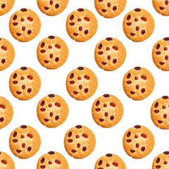 Cookies Pattern with Pieces of Raisin. Homemade Piece Biscuit Top View. American Cookies Close Up. Concept of Dessert, Snack, Bakery, Food, Unhealthy Food