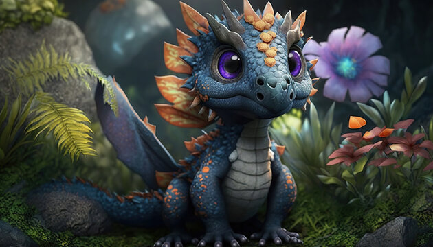 A cute, adorable baby dragon produced using generative AI in the manner of a fantasy cartoon.