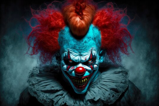 Sinister Monster Clown With Red Hair With Red Nose, Created With Generative Ai