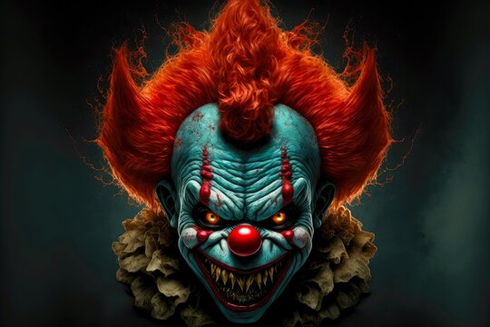 Sinister Monster Clown With Red Hair With Red Nose, Created With Generative Ai