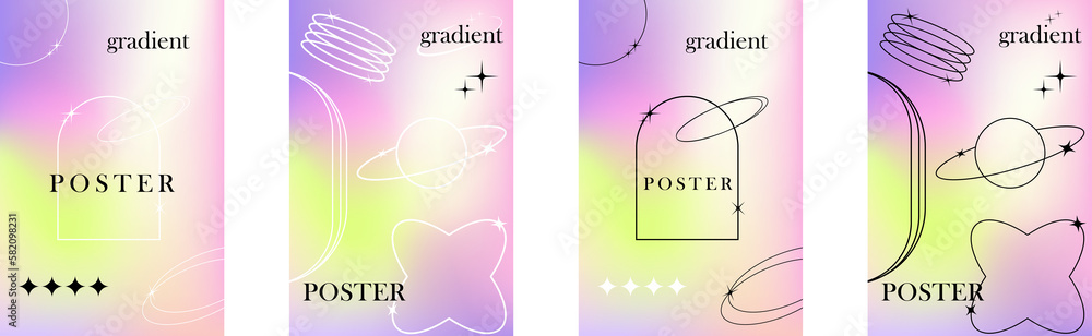 Poster trendy blurred holographic style a4 posters set with linear geometric shapes cover for stories or po