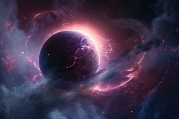 Space clouds in shades of purple and pink with a planet in the center Generative AI