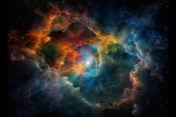 Fototapeta na wymiar Space clouds in a cosmic rainbow of colors with a star at the center Generative AI