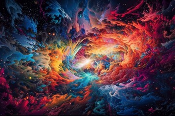 Fototapeta na wymiar Space clouds in a vibrant swirl of colors with a spaceship flying through the center Generative AI