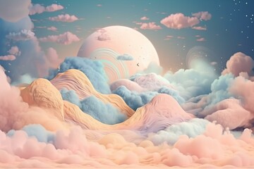 Space clouds in a dreamy pastel palette with a crescent moon at the center Generative AI - obrazy, fototapety, plakaty