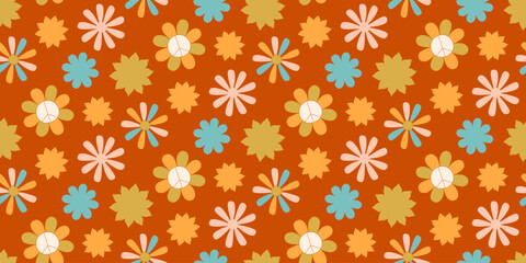 Fototapeta na wymiar Groovy Summer Flowers Seamless Pattern 70s, 60s Retro style
