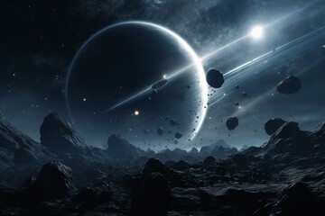Space clouds with a ringed planet at the center, surrounded by asteroids Generative AI