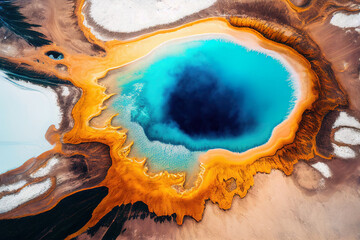 Drone view of a Yellowstone colorful hot spring pool, nature abstract imagined by AI - obrazy, fototapety, plakaty