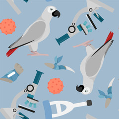 Fototapeta na wymiar Seamless veterinary pattern with a parrot and a microscope on a blue background
