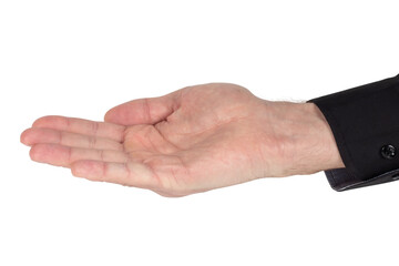 Man's hand in shirt begs to something isolated on white background. Palm up, close up.