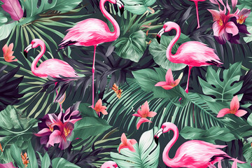 Generative AI. Floral seamless background with a tropical pattern of pink flamingos with exotic flowers, palm leaves. Botanical wallpaper.