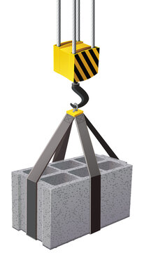 Hoist lifting a cinder block 3D isolated with shadow and reflection (cut out)