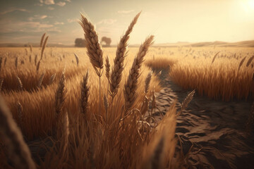 Wheat field, harvest time. AI generative.