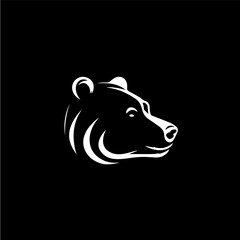 Bear head silhouette tattoo, logo template. Hand drawing wild animal emblem on black background, minimalistic sketch monochrome art. Vector illustration
