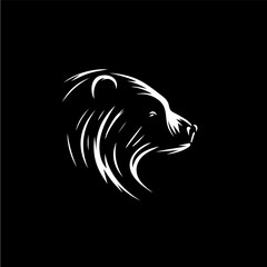 Naklejka premium Bear head silhouette tattoo, logo template. Hand drawing wild animal emblem on black background, minimalistic sketch monochrome art. Vector illustration