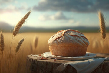 A loaf of bread on a tray in a wheat field. AI generative.