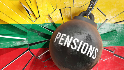 Lithuania and Pensions that destroys the country and wrecks the economy. Pensions as a force causing possible future decline of the nation,3d illustration