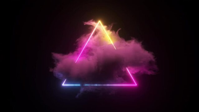 3d render, abstract minimal background, pink blue neon triangular frame with copy space. Illuminated storm clouds inside the triangle, bright geometric shape. Endless loop